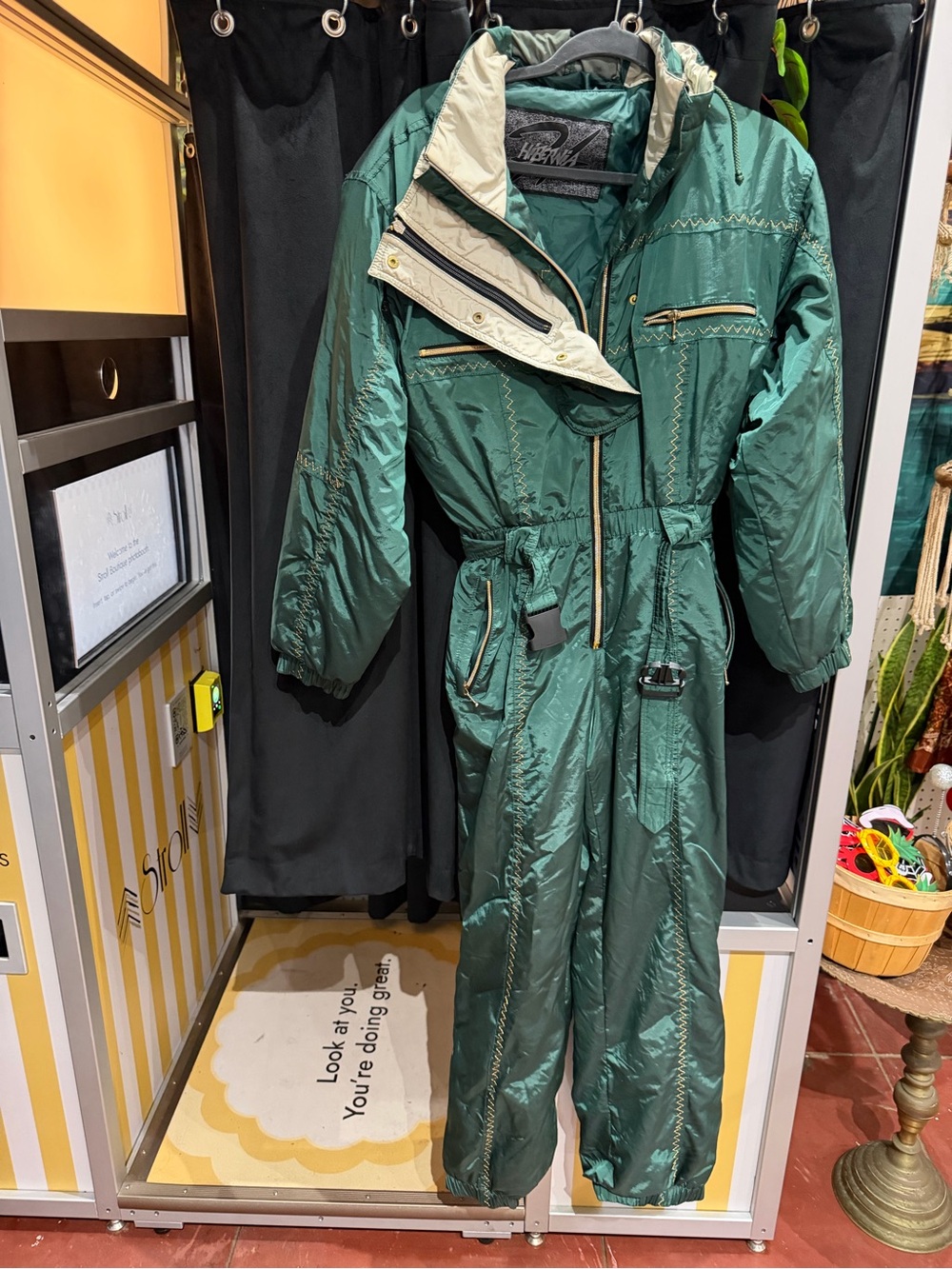 Kids Green One-Piece Snowsuit Jacket with Cream Trim